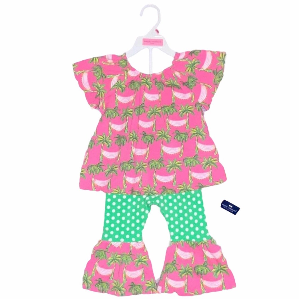 6-12m Simply Southern Baby Girls Pink Green Palm Tree Flare Pants Florida Outfit